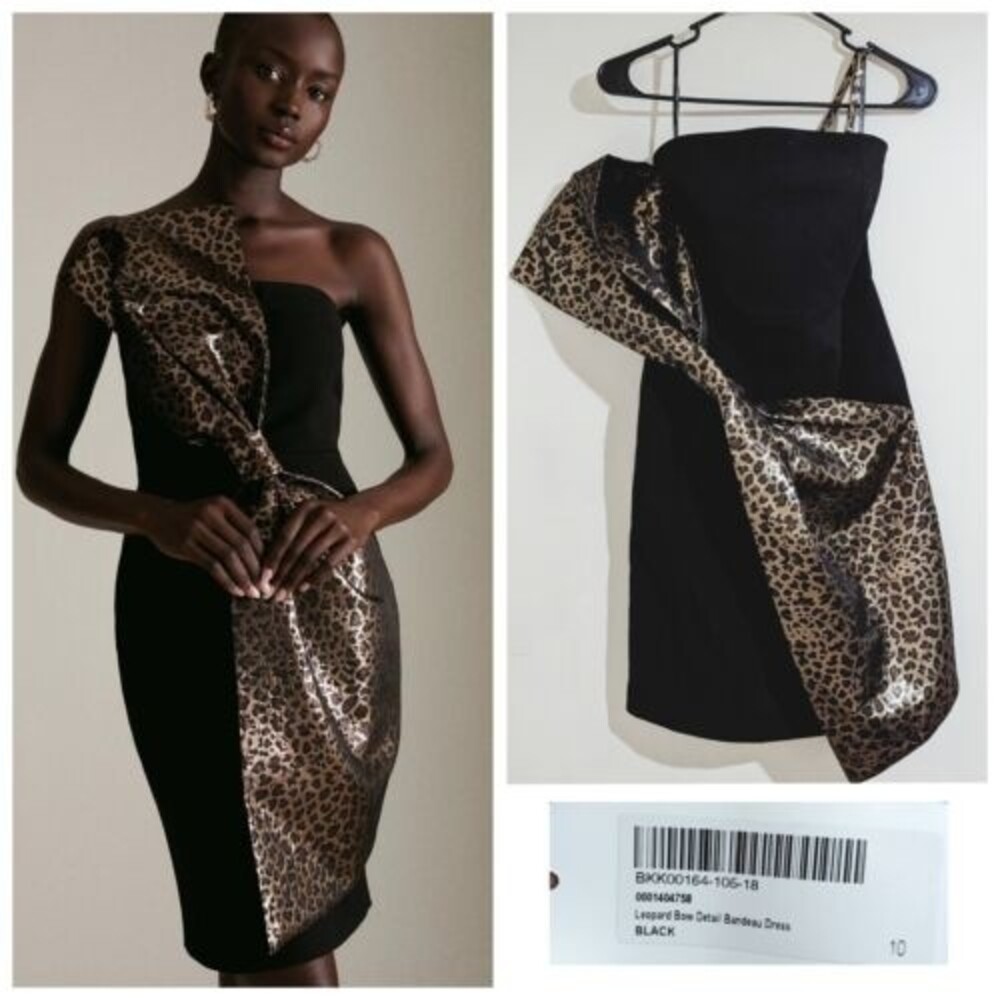 Mob Wife Y2K Karen Millen Leopard Bow Asymmetric Black Midi Dress NWT 10